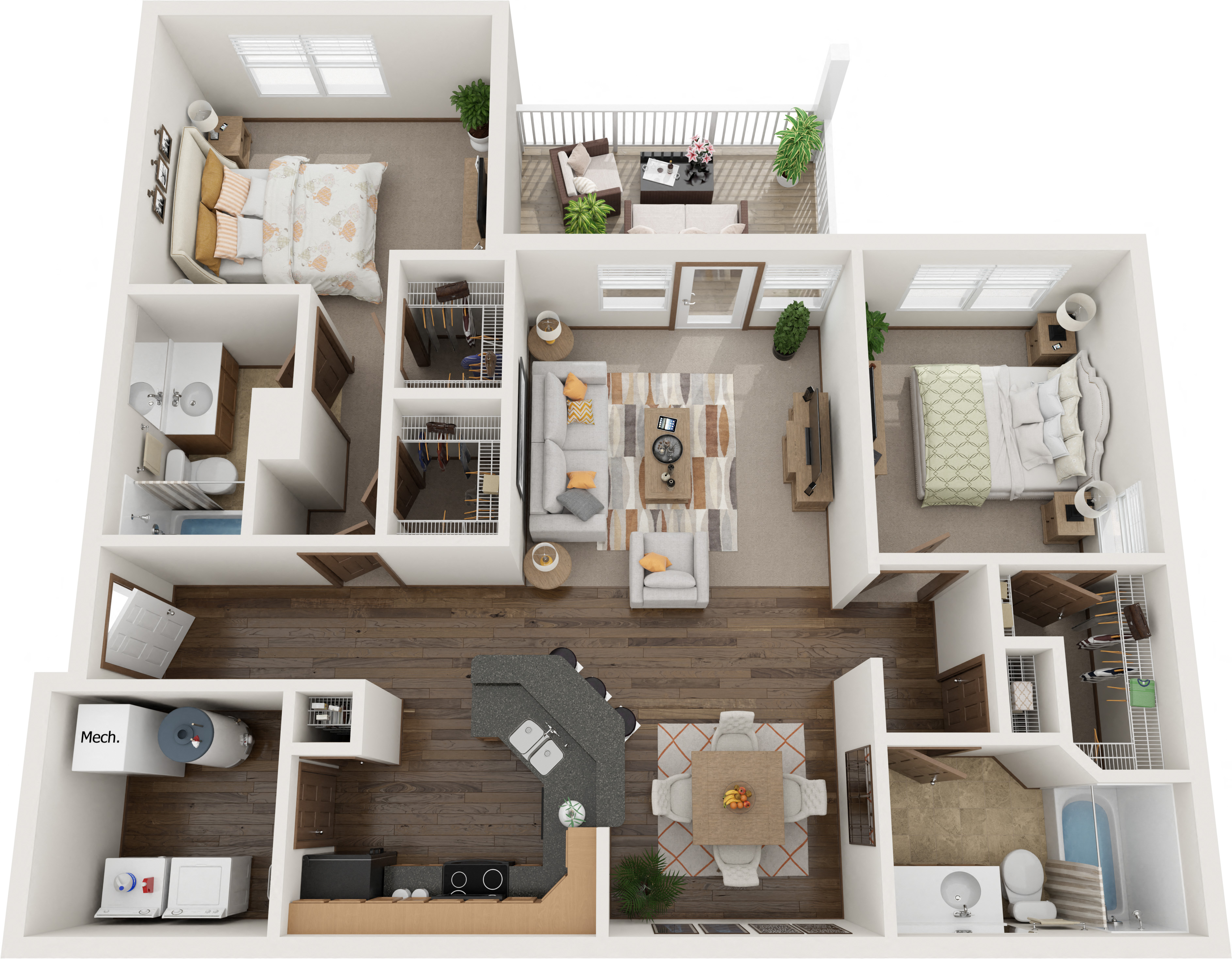 Floor plan for 2 beds, 2 baths, 1200 sqft